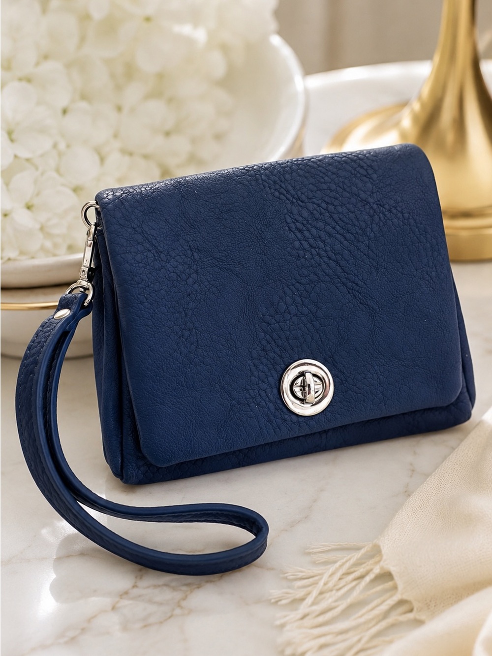 Blue Faux Leather Wristlet Wallet Clutch Organizer Turn Lock Pebbled Vegan Bag